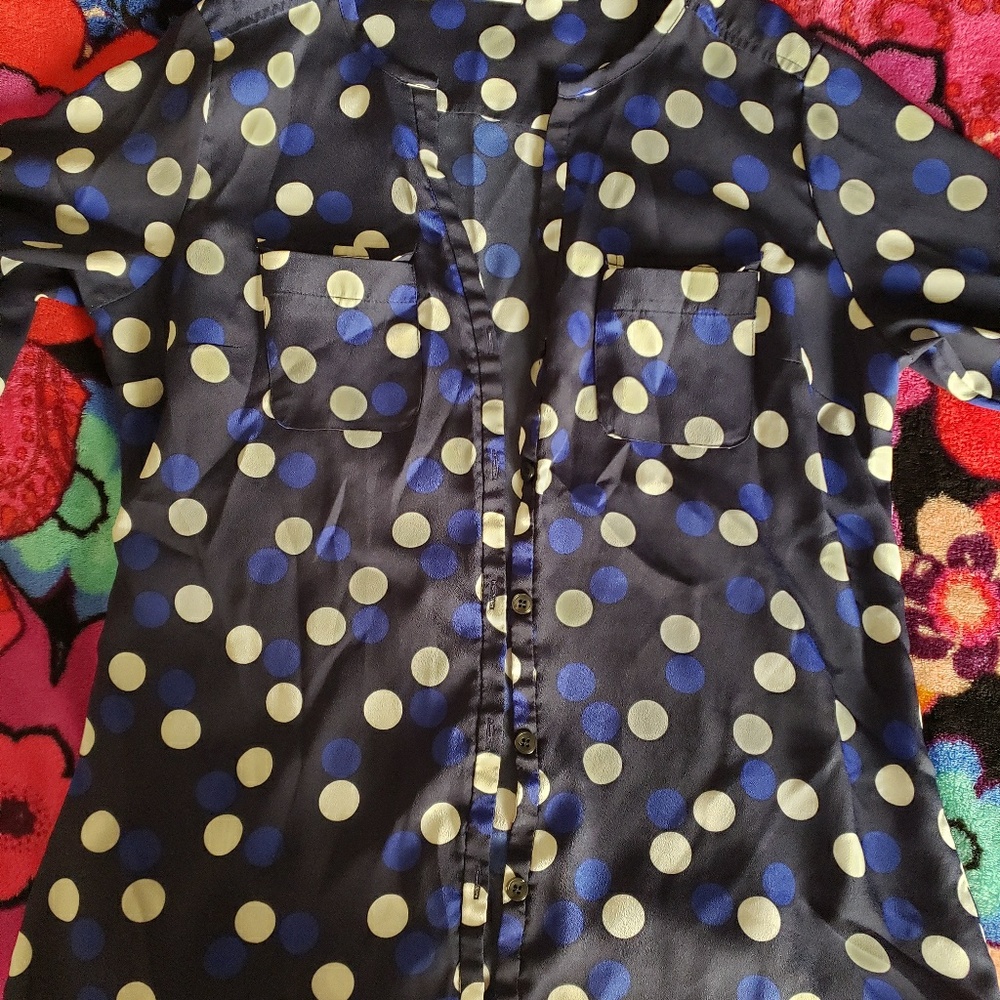 Navy blue polka dot button blouse